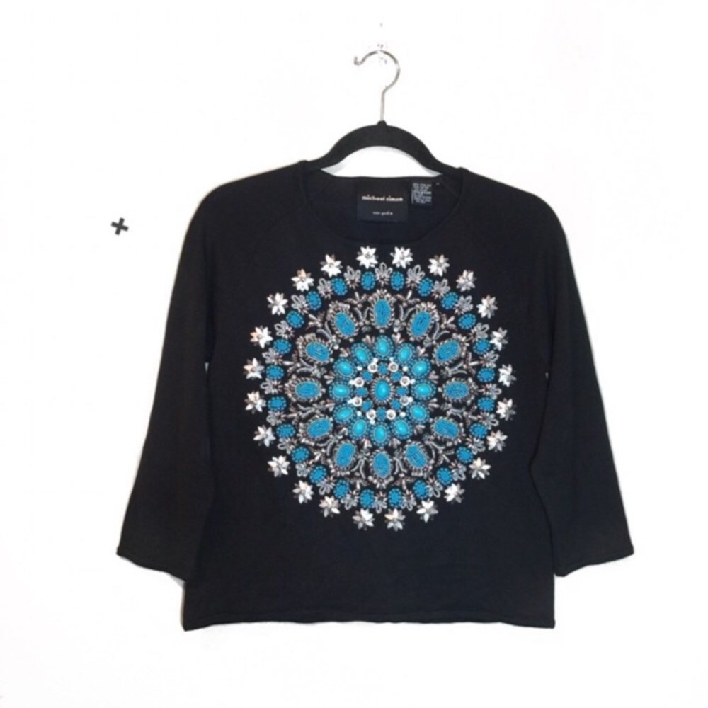 Michael Simon Boho chic beaded turquoise blouse M
